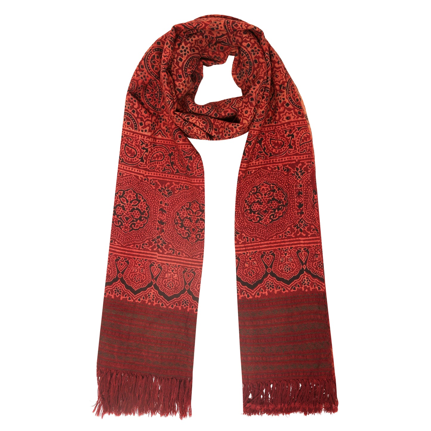 Fine Australian Merino Wool Red Berry Rosewood Hand Block Printed Handwoven Natural Dyed Scarf - Merino Wool Scarves