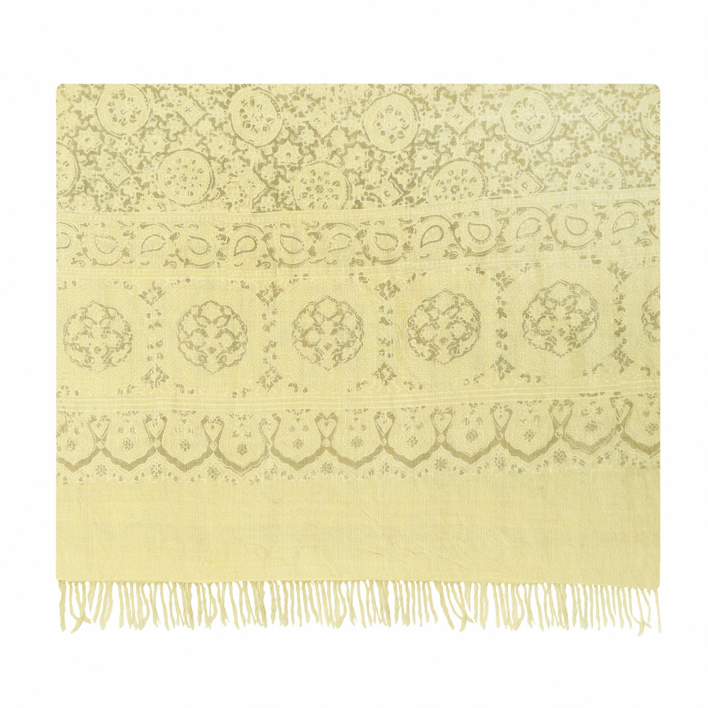 Fine Australian Merino Wool Wheatfield and Olive Green Hand Block Printed Handwoven Natural Dyed Scarf - Merino Wool Scarves