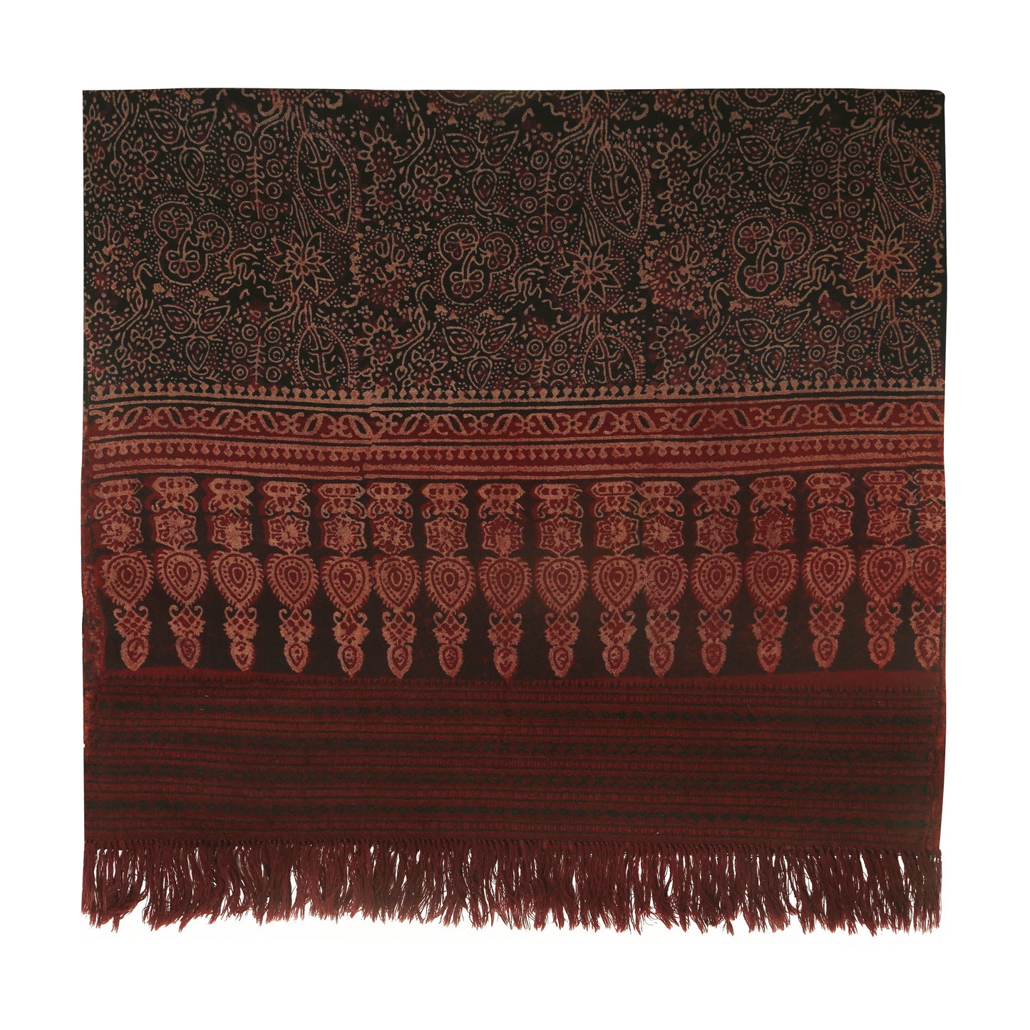 Fine Australian Merino Wool Redwood Ironstone and Zeus Hand Block Printed Handwoven Natural Dyed Scarf - Merino Wool Scarves