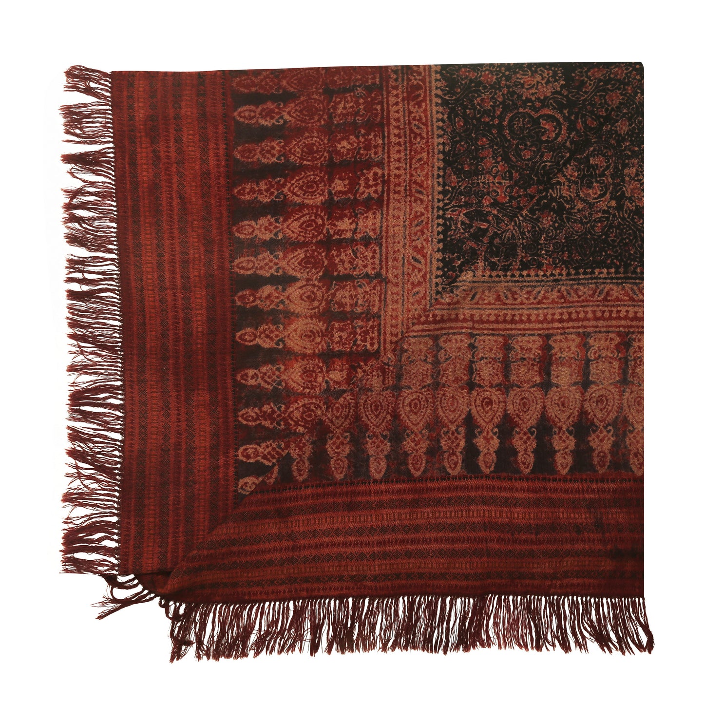 Fine Australian Merino Wool Redwood Ironstone and Zeus Hand Block Printed Handwoven Natural Dyed Scarf - Merino Wool Scarves