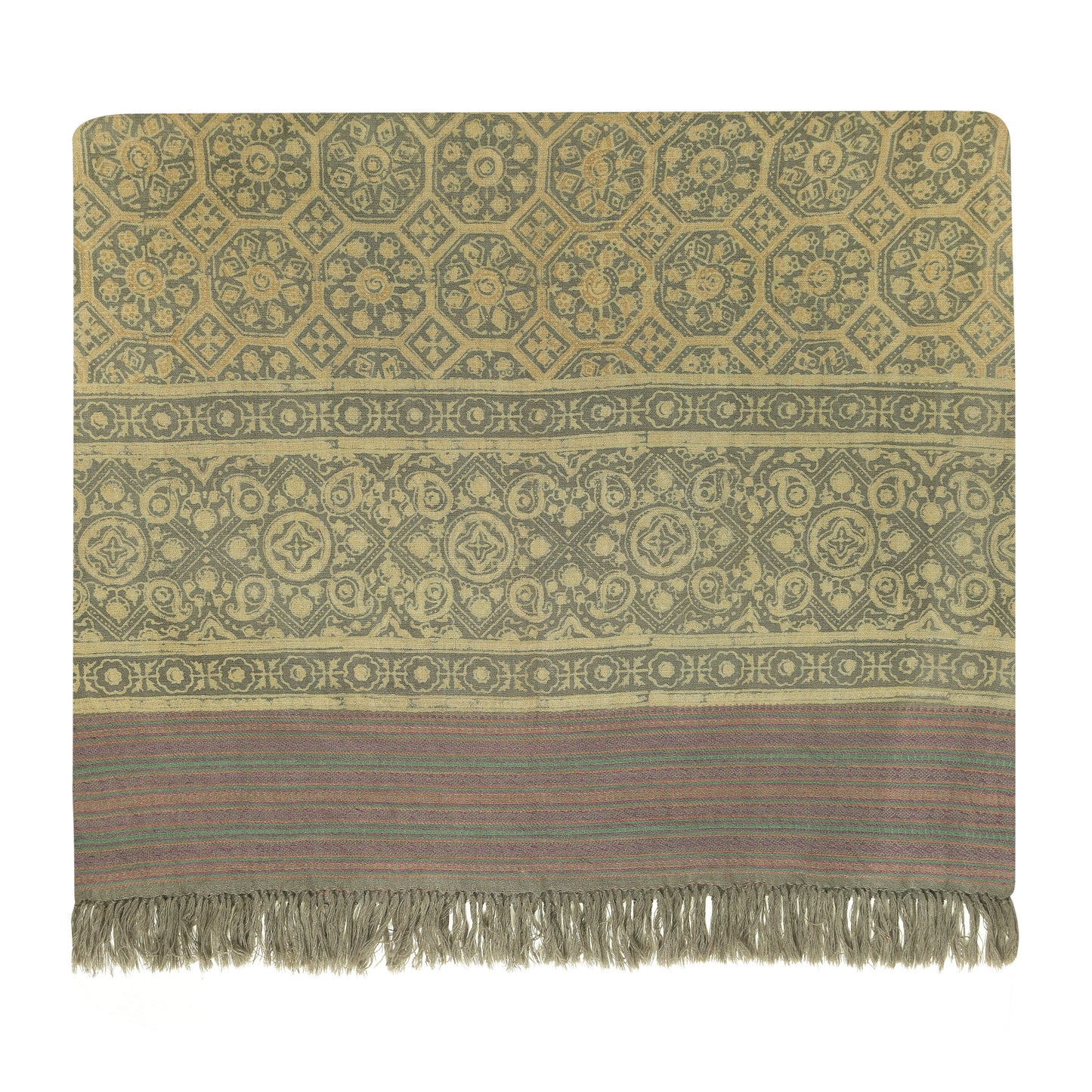 Fine Australian Merino Wool Hampton Sage and Puce Hand Block Printed Handwoven Natural Dyed Scarf - Merino Wool Scarves
