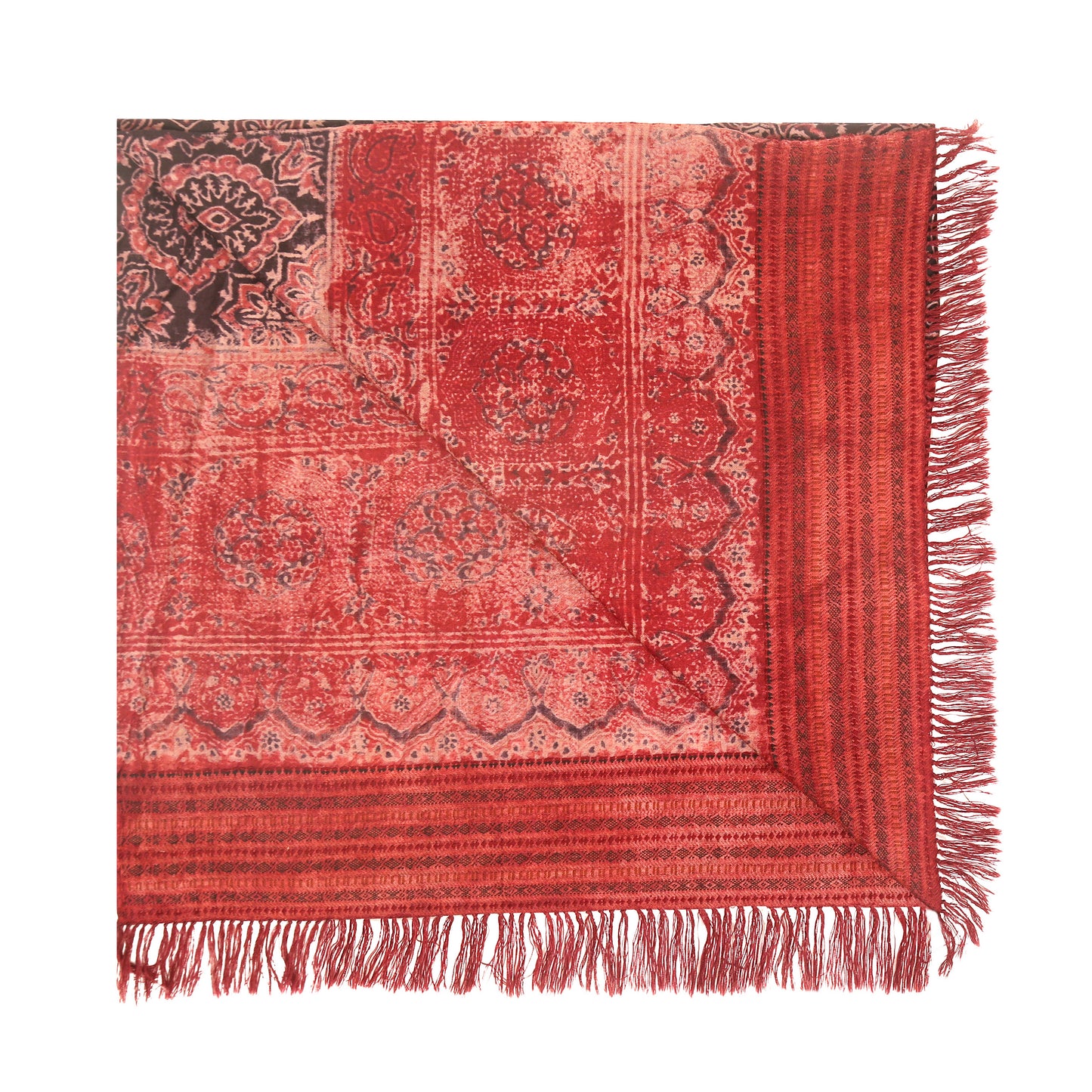 Fine Australian Merino Wool Dark Terracotta and Zeus Hand Block Printed Handwoven Natural Dyed Scarf - Merino Wool Scarves