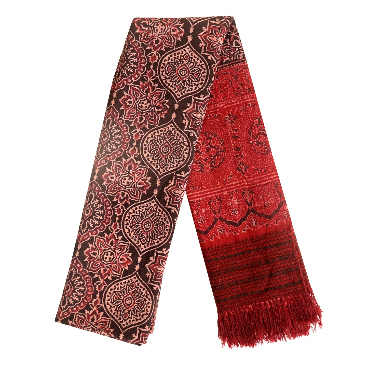 Fine Australian Merino Wool Dark Terracotta and Zeus Hand Block Printed Handwoven Natural Dyed Scarf - Merino Wool Scarves