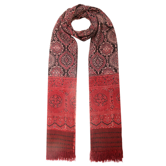 Fine Australian Merino Wool Dark Terracotta and Zeus Hand Block Printed Handwoven Natural Dyed Scarf - Merino Wool Scarves