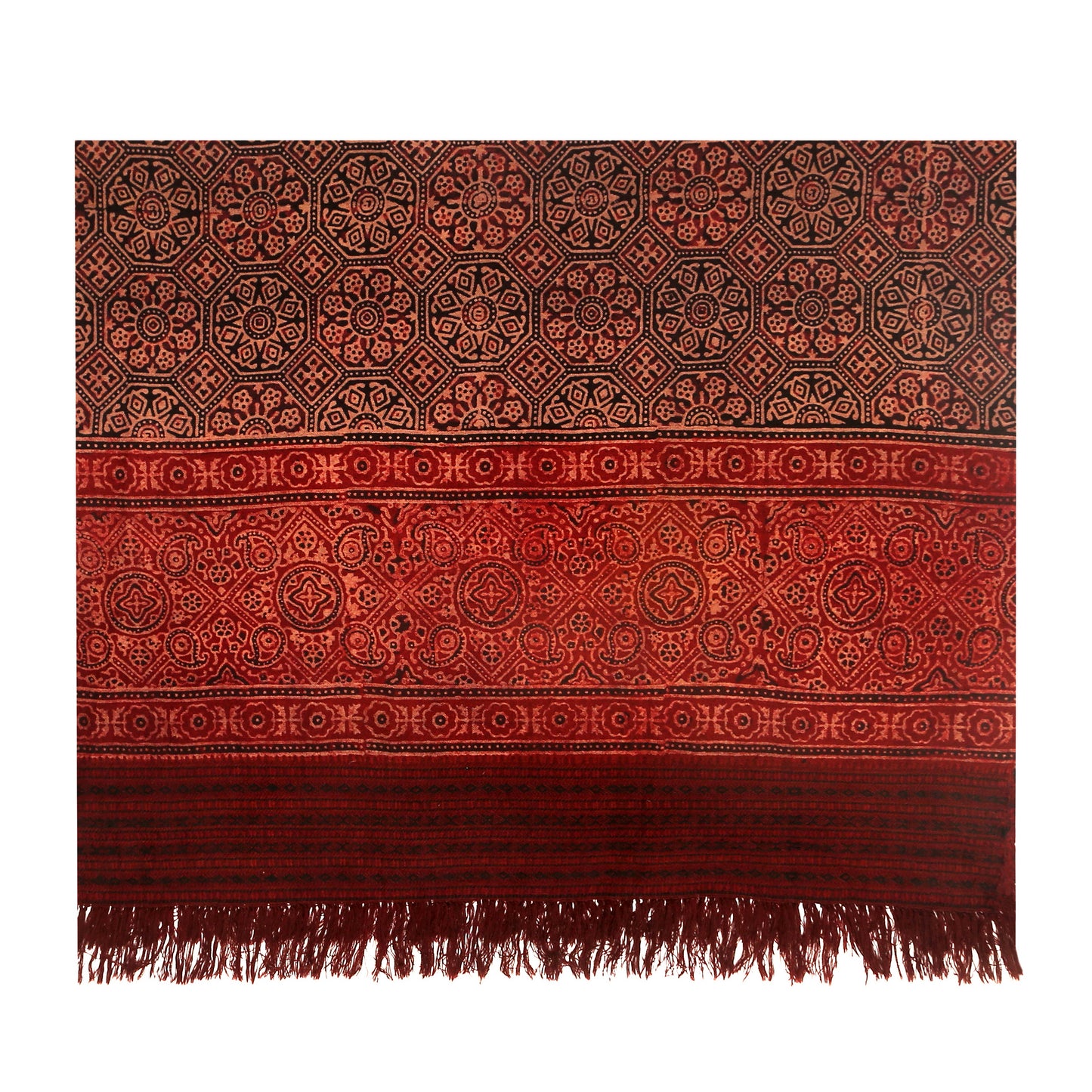 Fine Australian Merino Wool Redwood Tobacco and Terracotta Hand Block Printed Handwoven Natural Dyed Scarf - Merino Wool Scarves