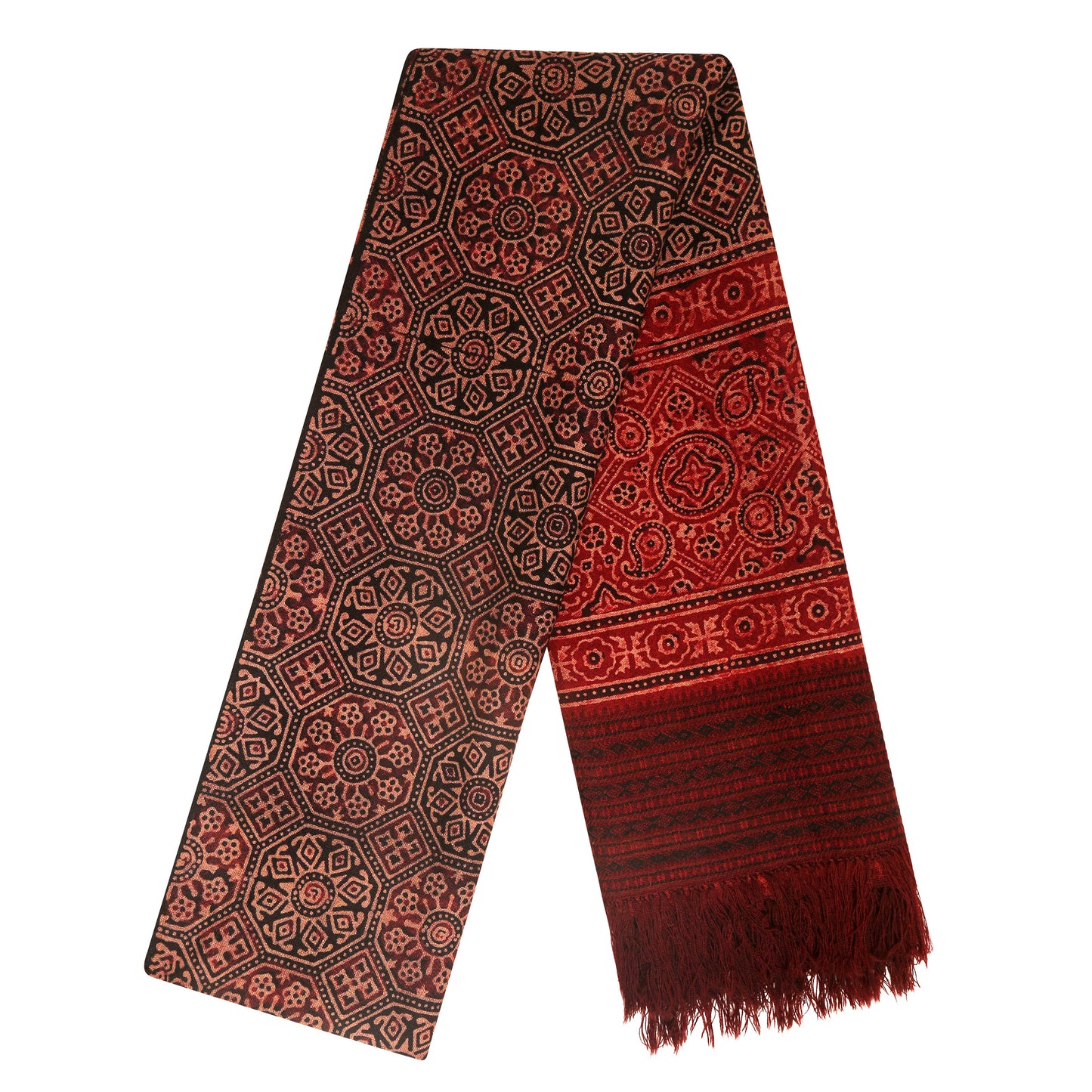 Fine Australian Merino Wool Redwood Tobacco and Terracotta Hand Block Printed Handwoven Natural Dyed Scarf - Merino Wool Scarves