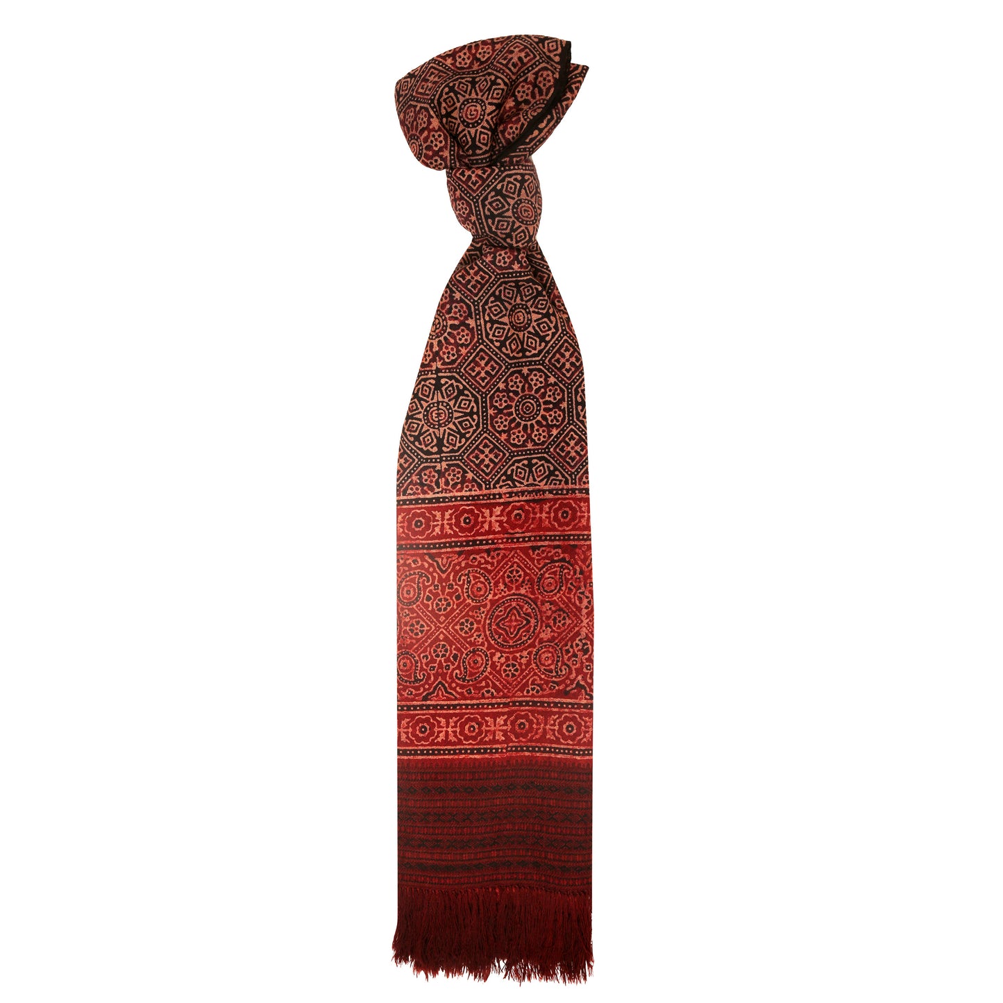 Fine Australian Merino Wool Redwood Tobacco and Terracotta Hand Block Printed Handwoven Natural Dyed Scarf - Merino Wool Scarves