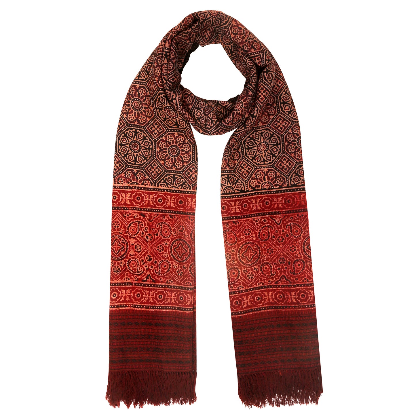 Fine Australian Merino Wool Redwood Tobacco and Terracotta Hand Block Printed Handwoven Natural Dyed Scarf - Merino Wool Scarves