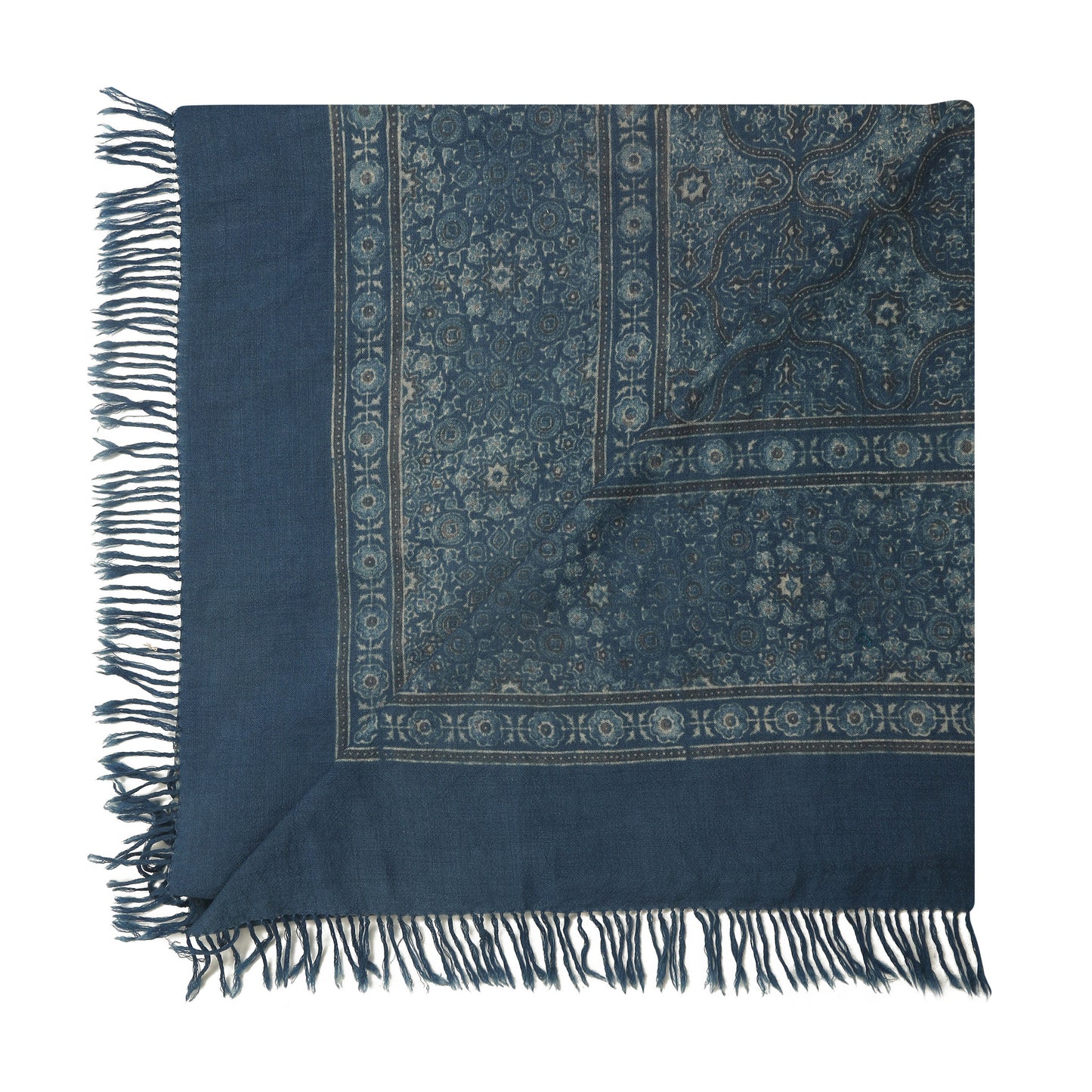 Fine Australian Merino Wool Cyan Blue and Jet Grey Hand Block Printed Handwoven Natural Dyed Scarf - Merino Wool Scarves