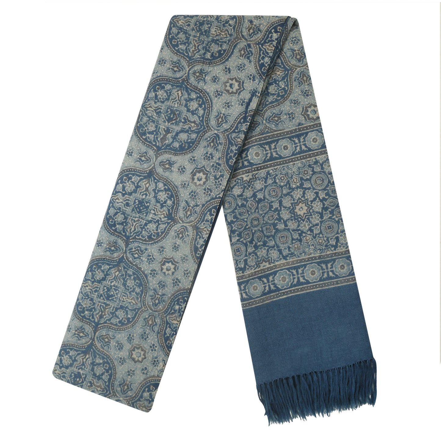 Fine Australian Merino Wool Cyan Blue and Jet Grey Hand Block Printed Handwoven Natural Dyed Scarf - Merino Wool Scarves