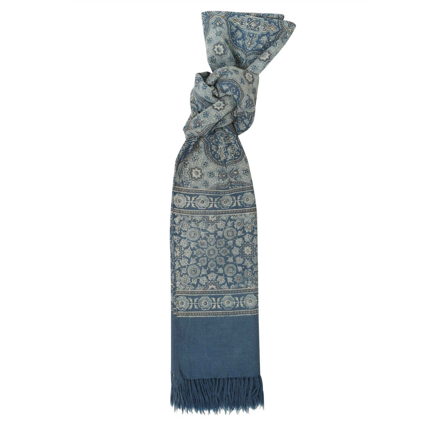 Fine Australian Merino Wool Cyan Blue and Jet Grey Hand Block Printed Handwoven Natural Dyed Scarf - Merino Wool Scarves