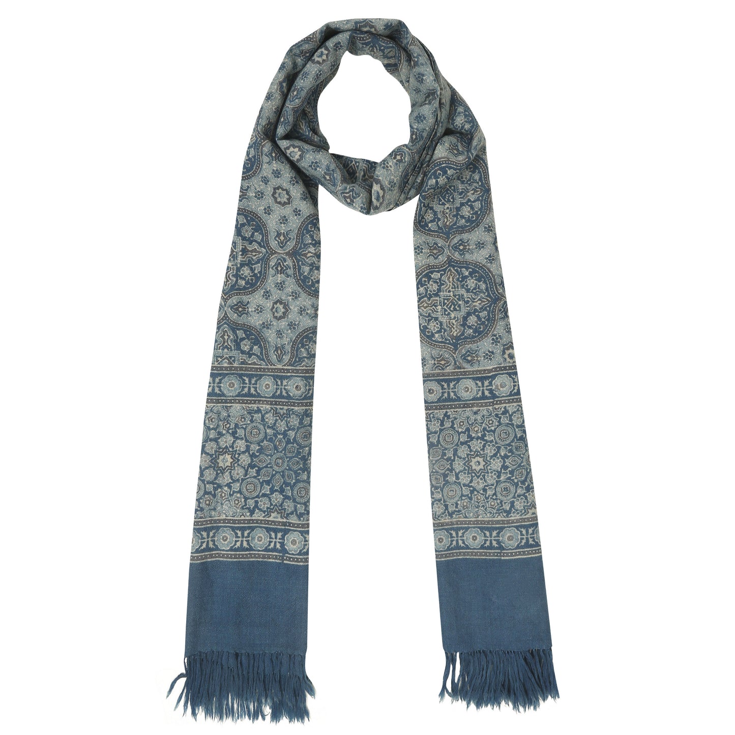 Fine Australian Merino Wool Cyan Blue and Jet Grey Hand Block Printed Handwoven Natural Dyed Scarf - Merino Wool Scarves