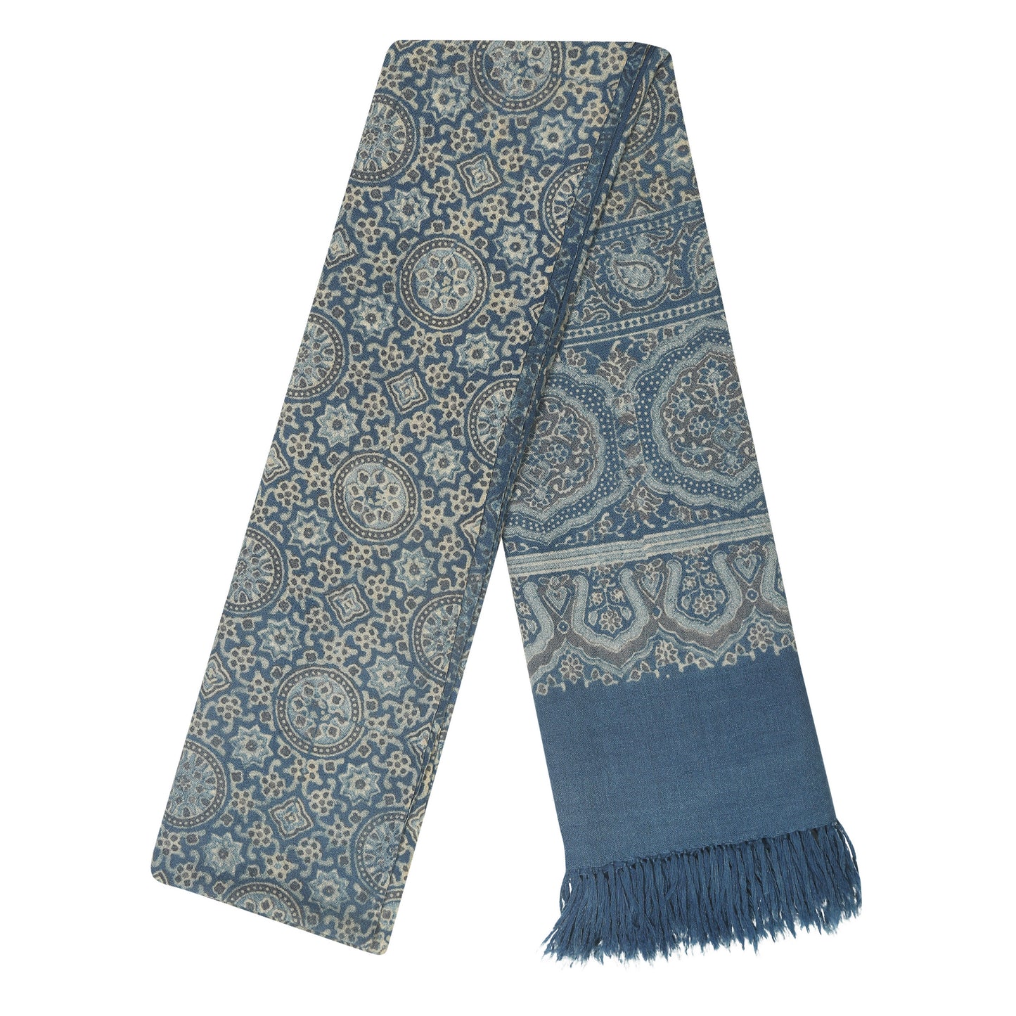 Fine Australian Merino Wool Denim Raven and French Grey Hand Block Printed Handwoven Natural Dyed Scarf - Merino Wool Scarves