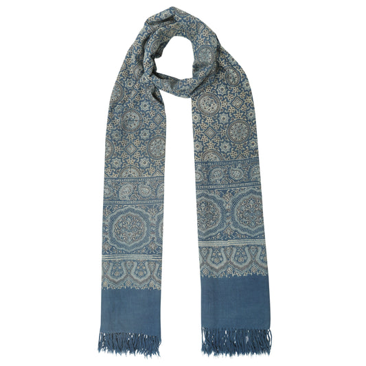 Fine Australian Merino Wool Denim Raven and French Grey Hand Block Printed Handwoven Natural Dyed Scarf - Merino Wool Scarves