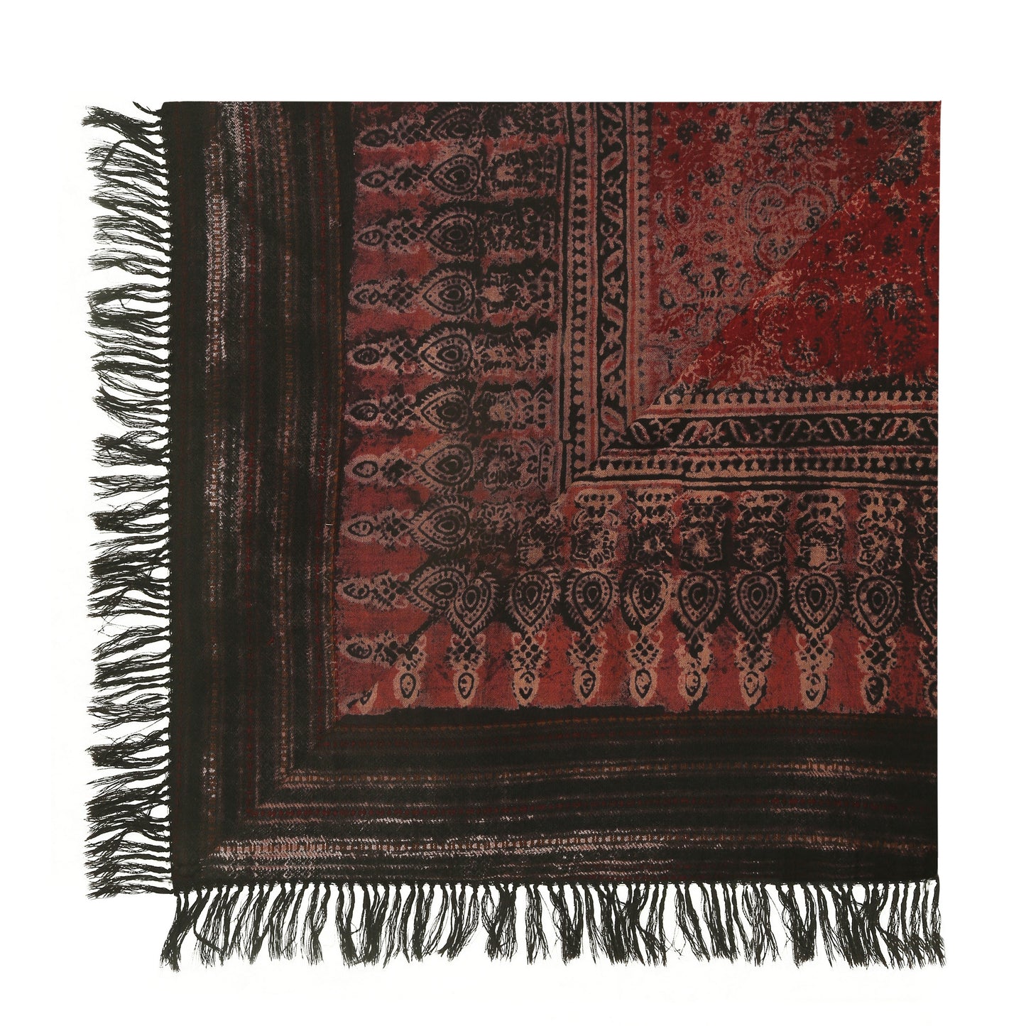 Fine Australian Merino Wool Espresso Zeus and Cherrywood Hand Block Printed Handwoven Natural Dyed Scarf - Merino Wool Scarves