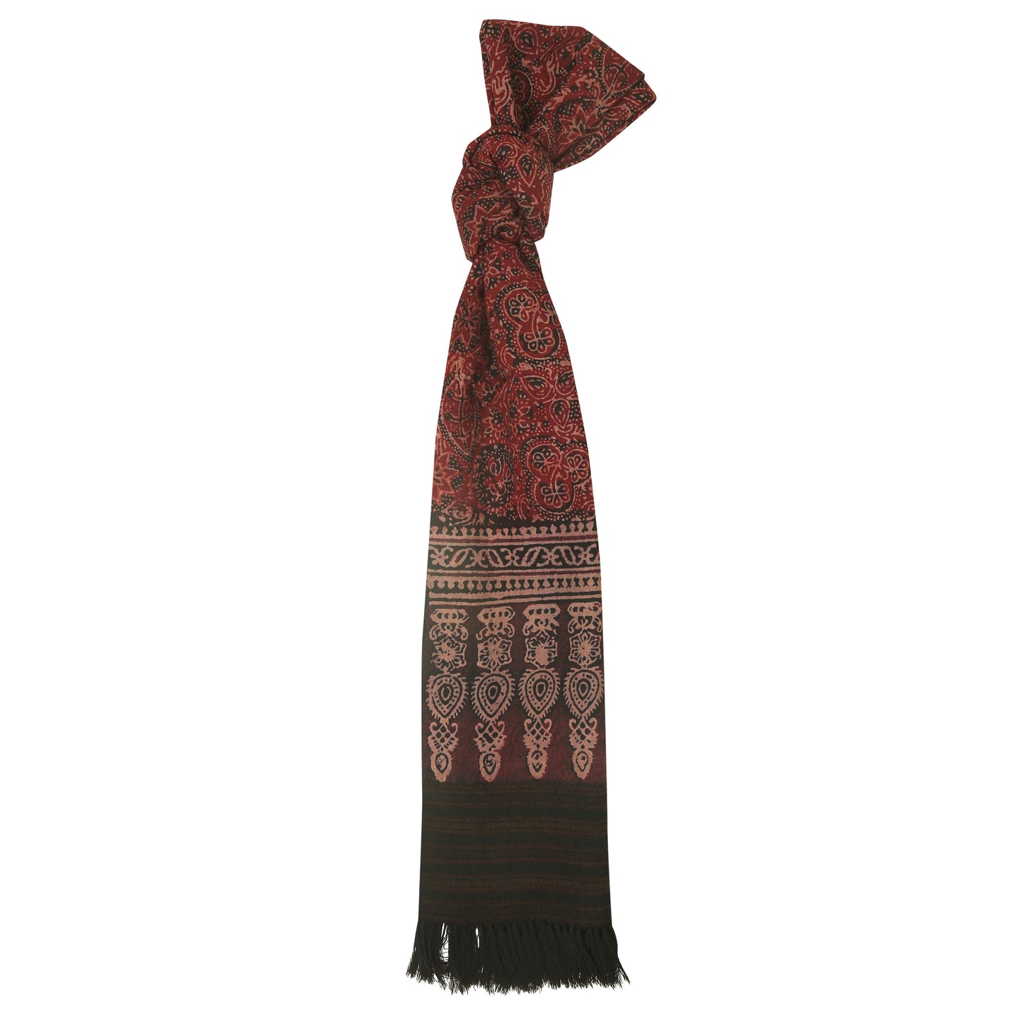 Fine Australian Merino Wool Espresso Zeus and Cherrywood Hand Block Printed Handwoven Natural Dyed Scarf - Merino Wool Scarves