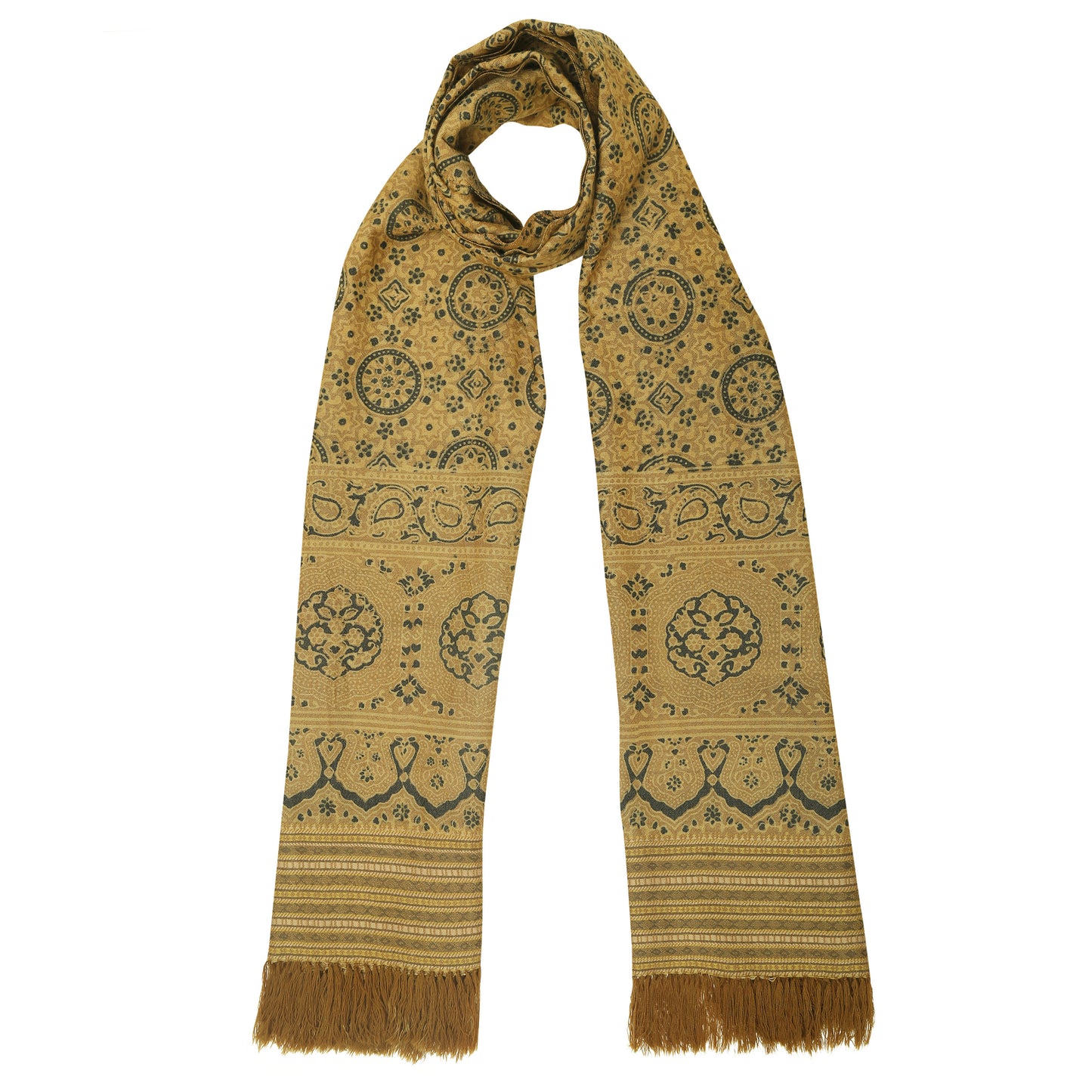 Fine Australian Merino Wool Sepia Birch and French Beige Hand Block Printed Handwoven Natural Dyed Scarf - Merino Wool Scarves