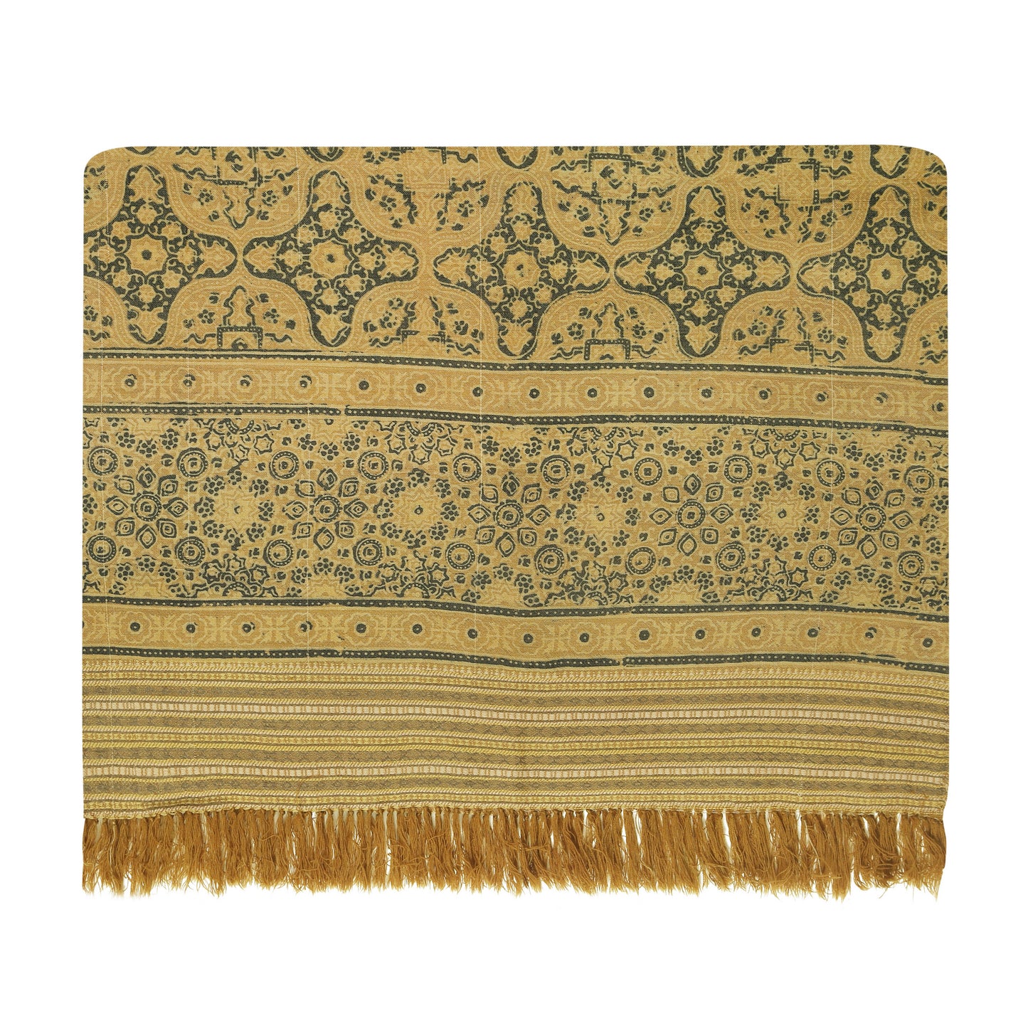 Fine Australian Merino Wool Luxor Gold Mocha and Birch Hand Block Printed Handwoven Natural Dyed Scarf - Merino Wool Scarves