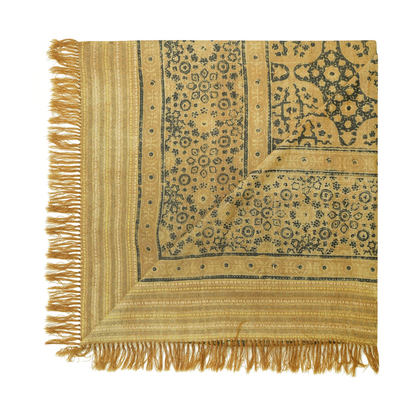 Fine Australian Merino Wool Luxor Gold Mocha and Birch Hand Block Printed Handwoven Natural Dyed Scarf - Merino Wool Scarves