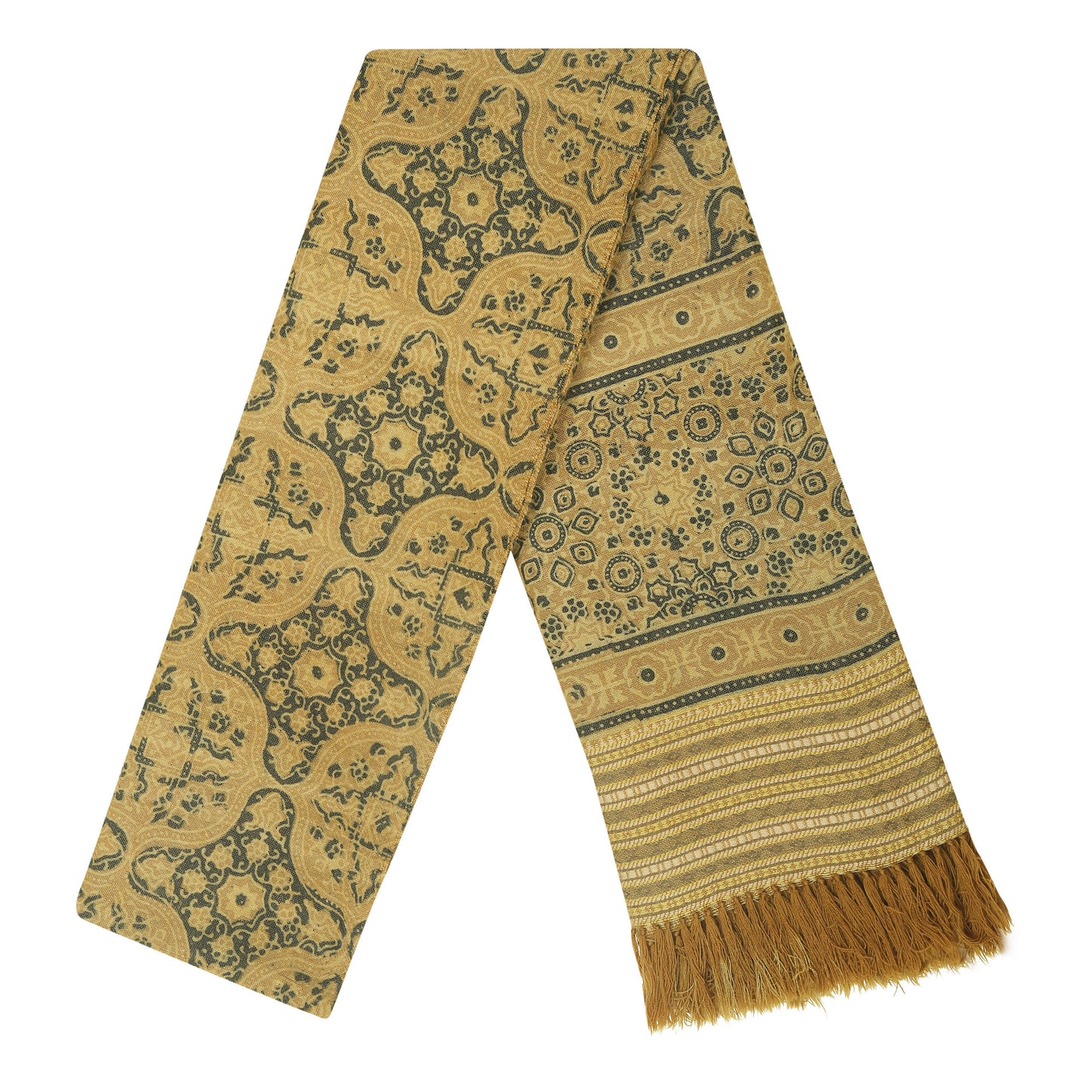 Fine Australian Merino Wool Luxor Gold Mocha and Birch Hand Block Printed Handwoven Natural Dyed Scarf - Merino Wool Scarves