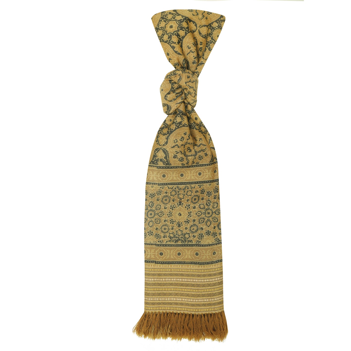 Fine Australian Merino Wool Luxor Gold Mocha and Birch Hand Block Printed Handwoven Natural Dyed Scarf - Merino Wool Scarves