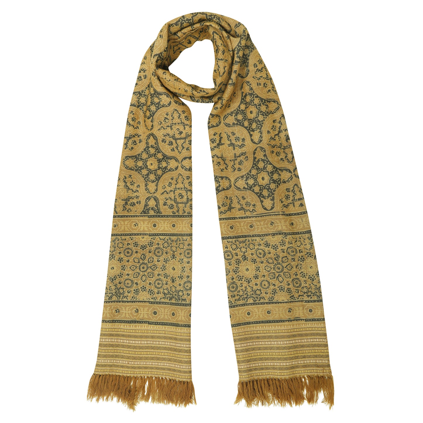 Fine Australian Merino Wool Luxor Gold Mocha and Birch Hand Block Printed Handwoven Natural Dyed Scarf - Merino Wool Scarves