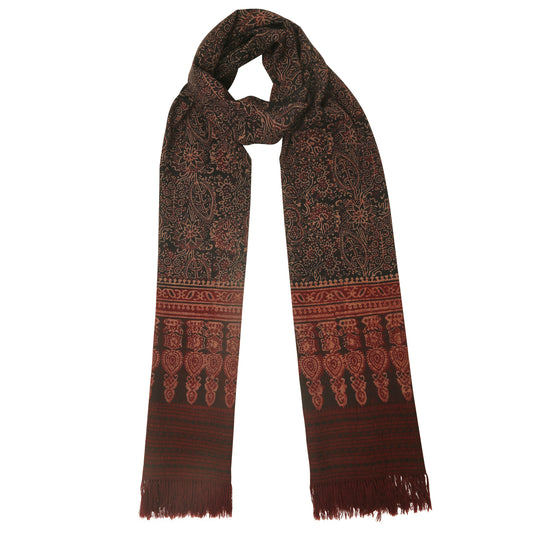 Fine Australian Merino Wool Redwood Ironstone and Zeus Hand Block Printed Handwoven Natural Dyed Scarf - Merino Wool Scarves