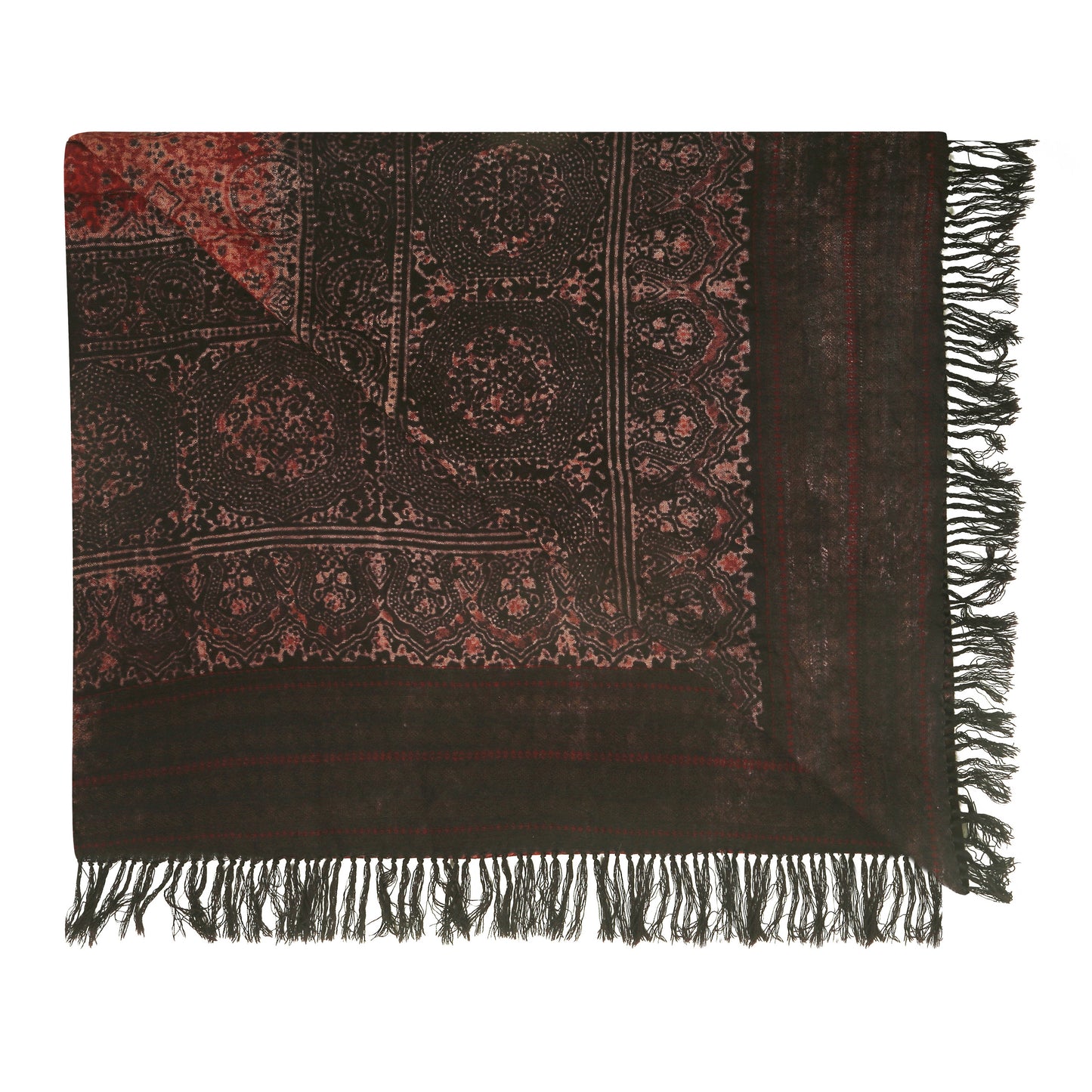 Brownish Birch and Moccaccino Hand Block Printed Handwoven Natural Dyed Scarf - Merino Wool Scarves Australia