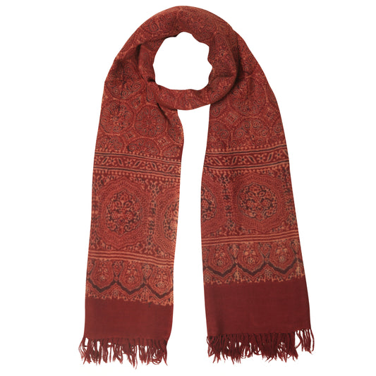 Fine Australian Merino Wool Cherrywood Wine Hand Block Printed Handwoven Natural Dyed Scarf - Merino Wool Scarves