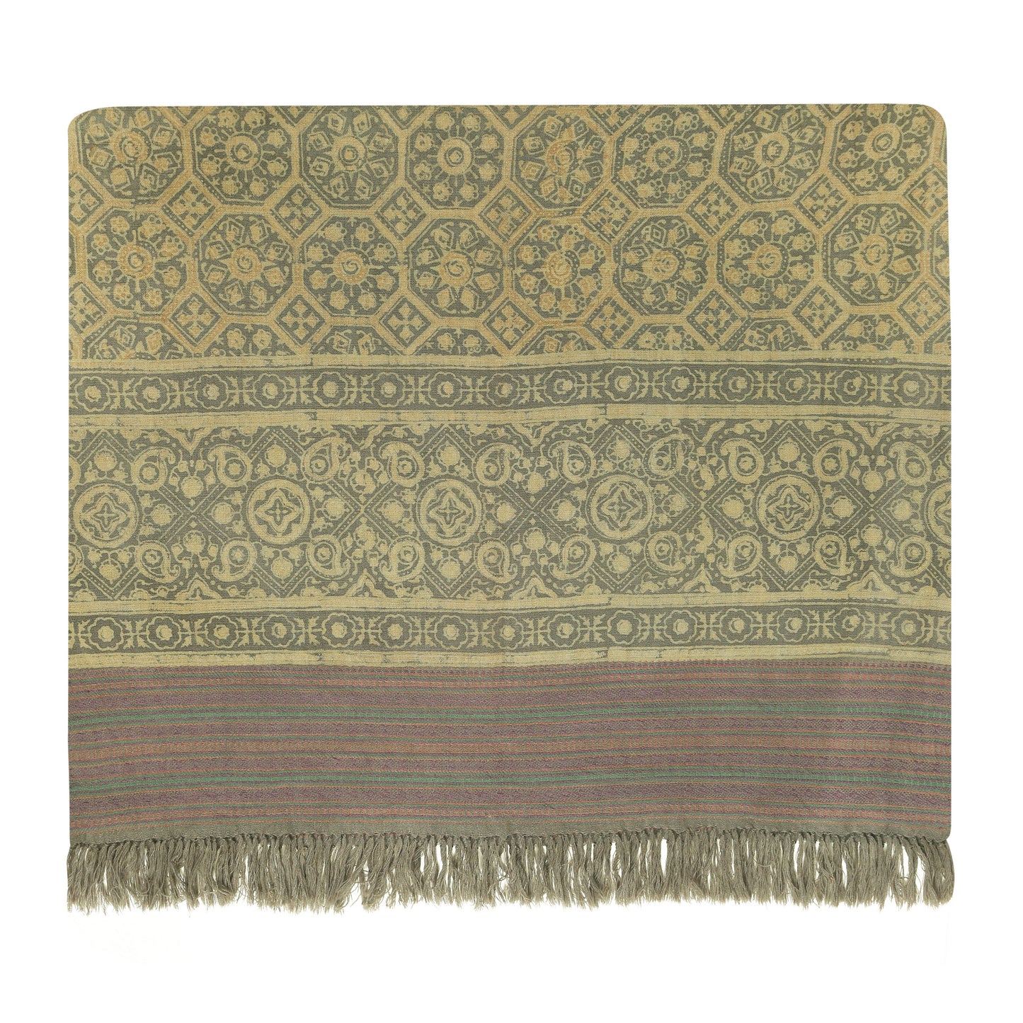 Fine Australian Merino Wool Hampton Sage and Puce Hand Block Printed Handwoven Natural Dyed Scarf - Merino Wool Scarves