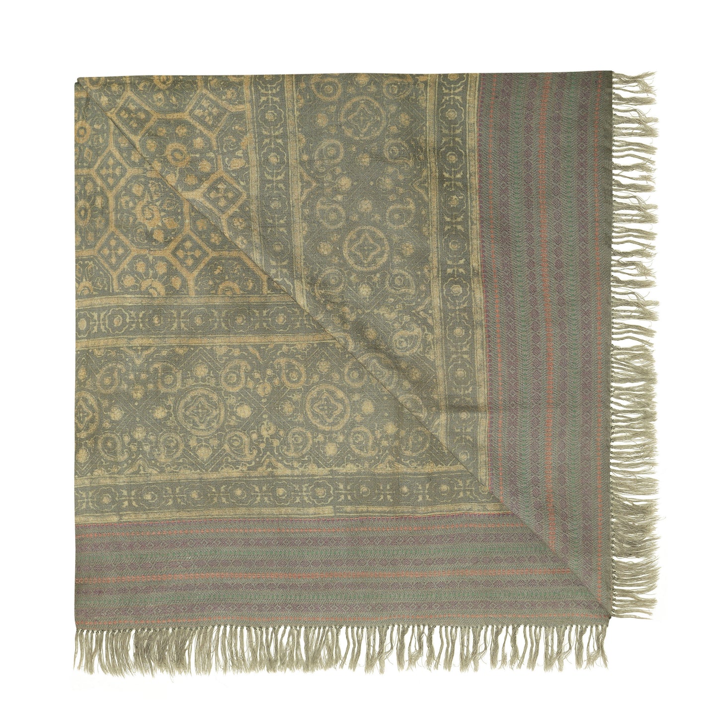 Fine Australian Merino Wool Hampton Sage and Puce Hand Block Printed Handwoven Natural Dyed Scarf - Merino Wool Scarves