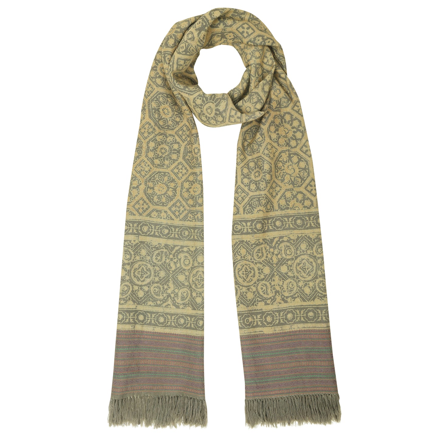 Fine Australian Merino Wool Hampton Sage and Puce Hand Block Printed Handwoven Natural Dyed Scarf - Merino Wool Scarves