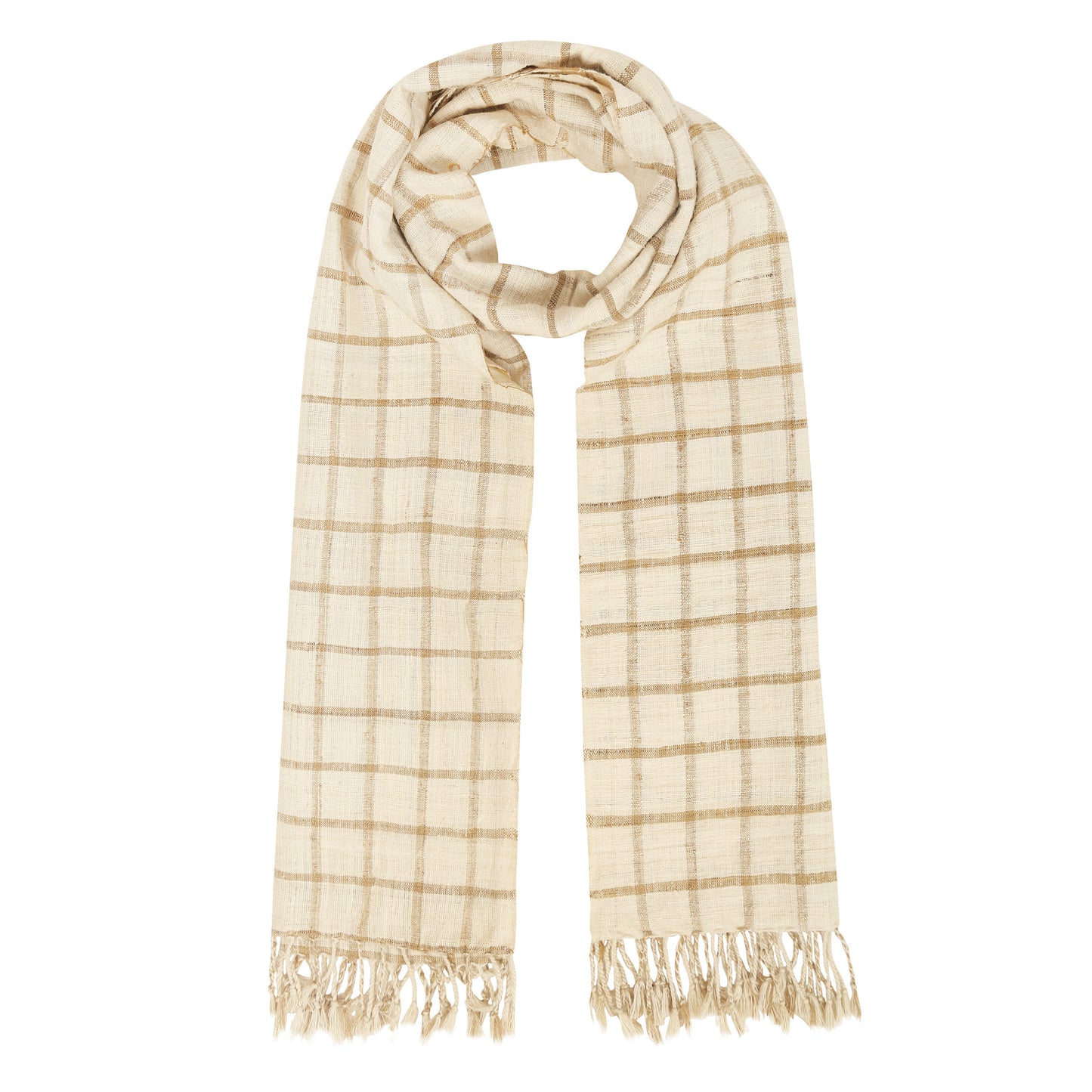 Eri Silk Dark Beige and Almond Check Handwoven Natural Dyed Scarf - Silk Scarves Australia