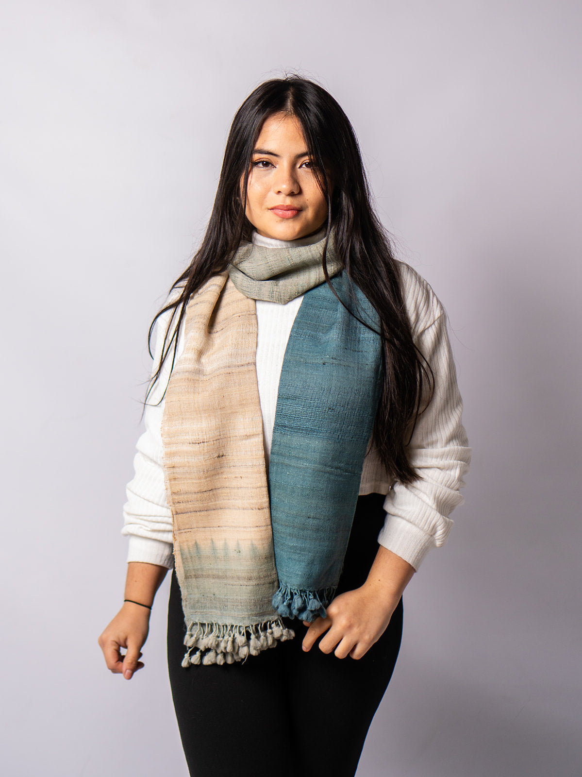 Casal Almond and Slate Handwoven Scarf in Fine Australian Merino Wool & Tussar Silk - Merino Wool Scarves