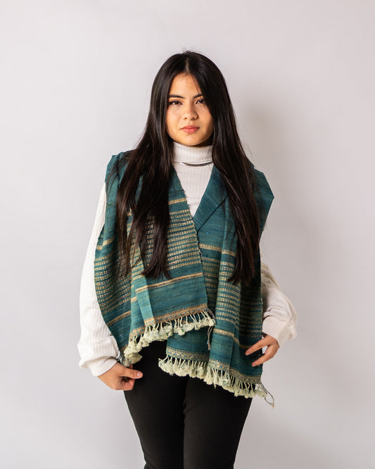 Beetle Green and Vanilla Handwoven Scarf in Fine Australian Merino Wool & Tussar Silk - Merino Wool Scarves