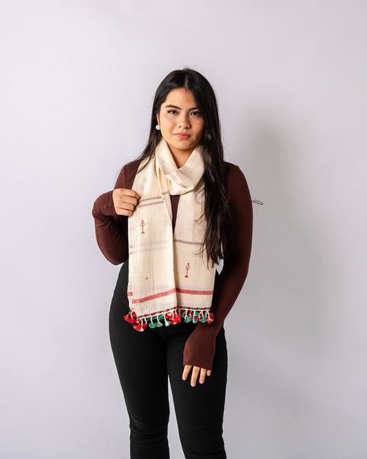 Organic Cotton Double Spanish White & Faded Red/Green Handwoven Scarf - Cotton Scarves Australia