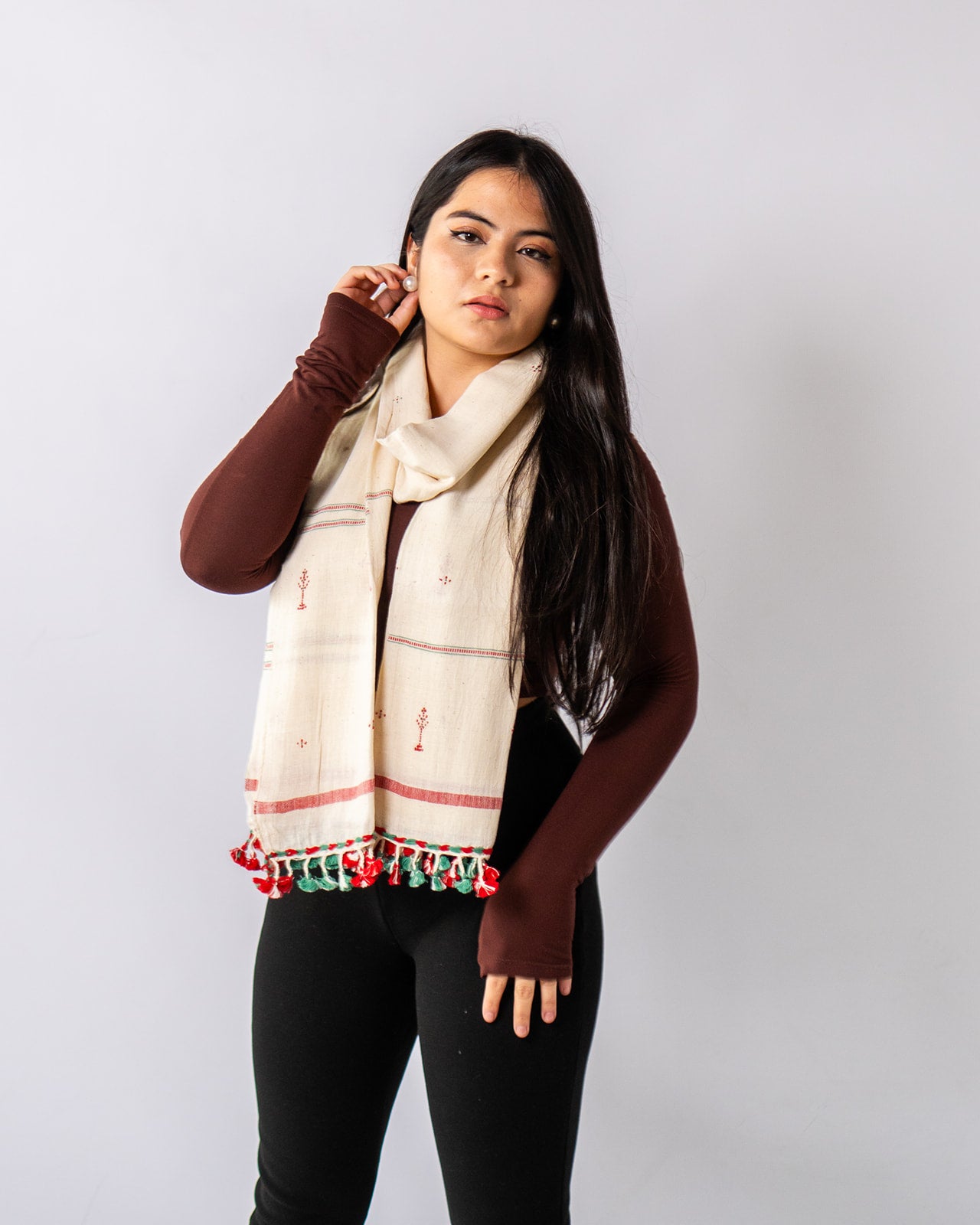 Organic Cotton Double Spanish White & Faded Red/Green Handwoven Scarf - Cotton Scarves Australia