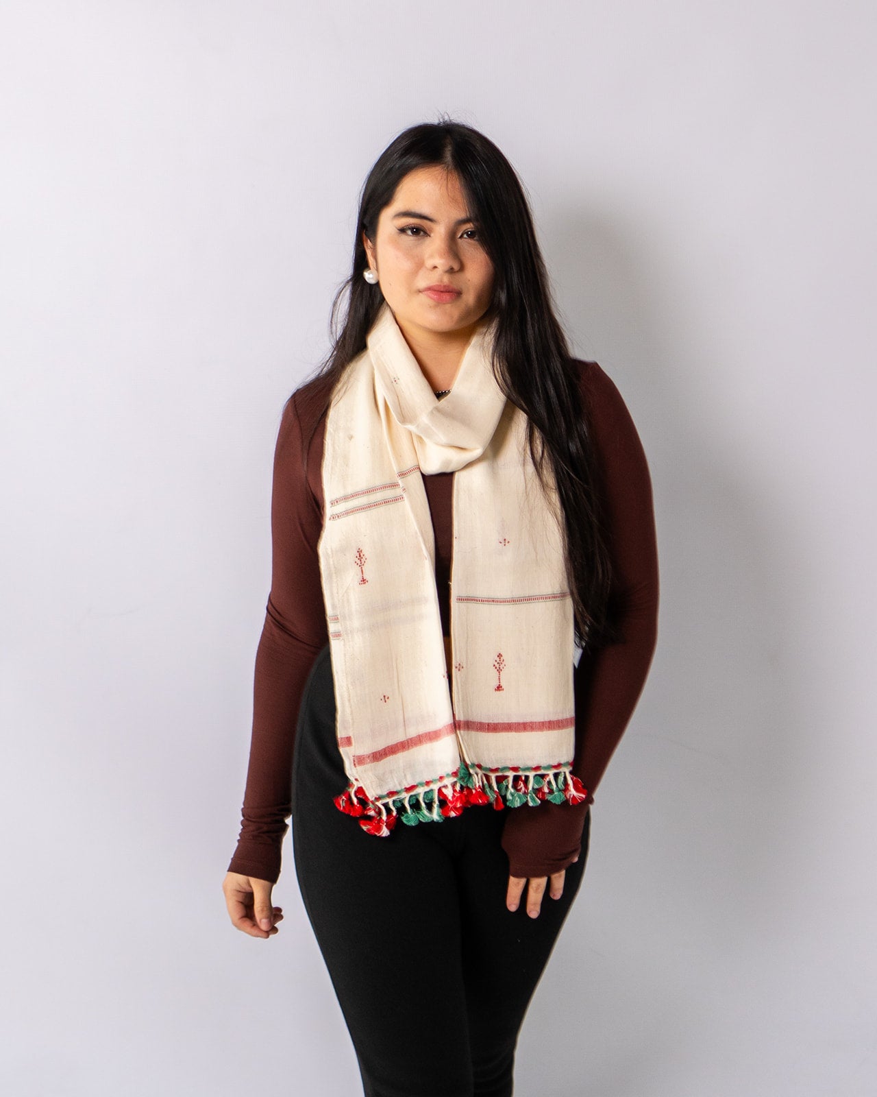 Organic Cotton Double Spanish White & Faded Red/Green Handwoven Scarf - Cotton Scarves Australia