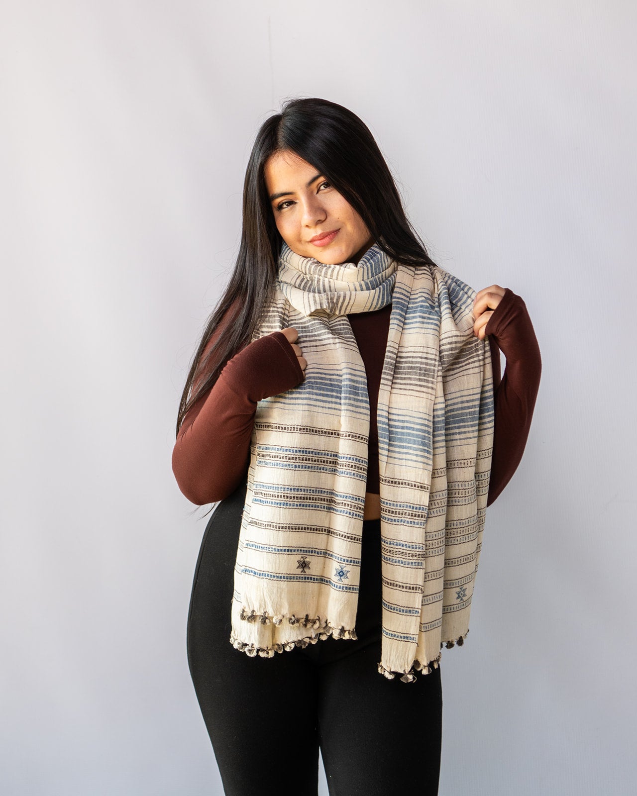 Organic Cotton Antique White & Blue Grey Stripe Handwoven Scarf - Cotton Scarves Australia