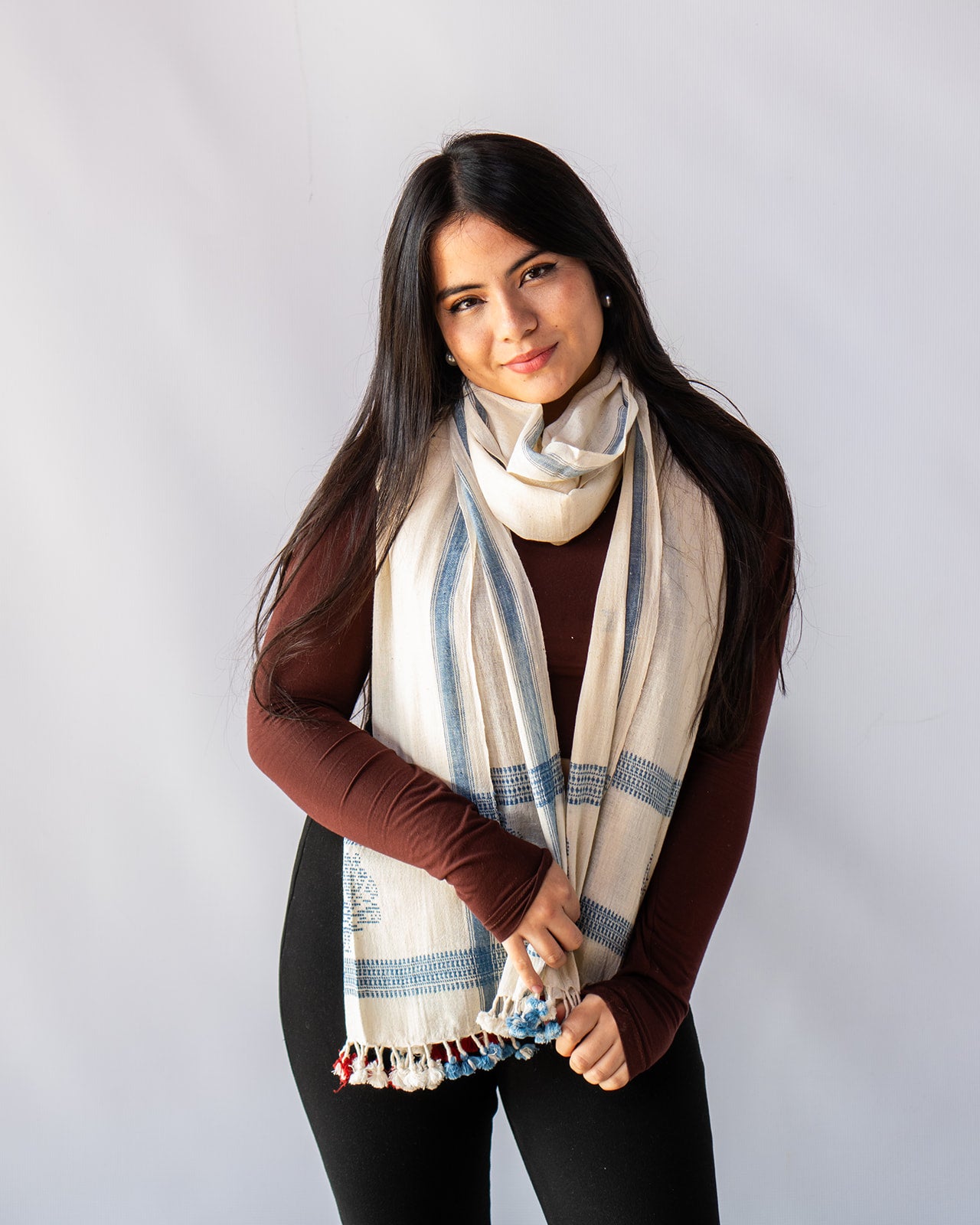 Organic Cotton Antique White & Bluish Grey Handwoven Scarf - Cotton Scarves Australia