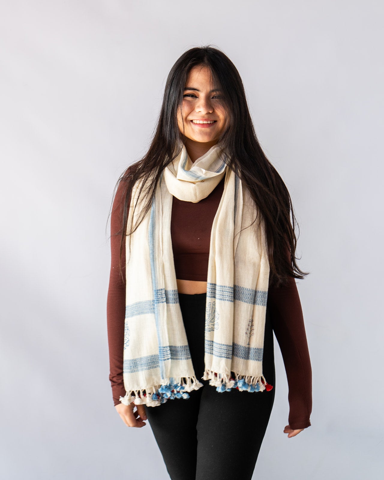 Organic Cotton Antique White & Bluish Grey Handwoven Scarf - Cotton Scarves Australia