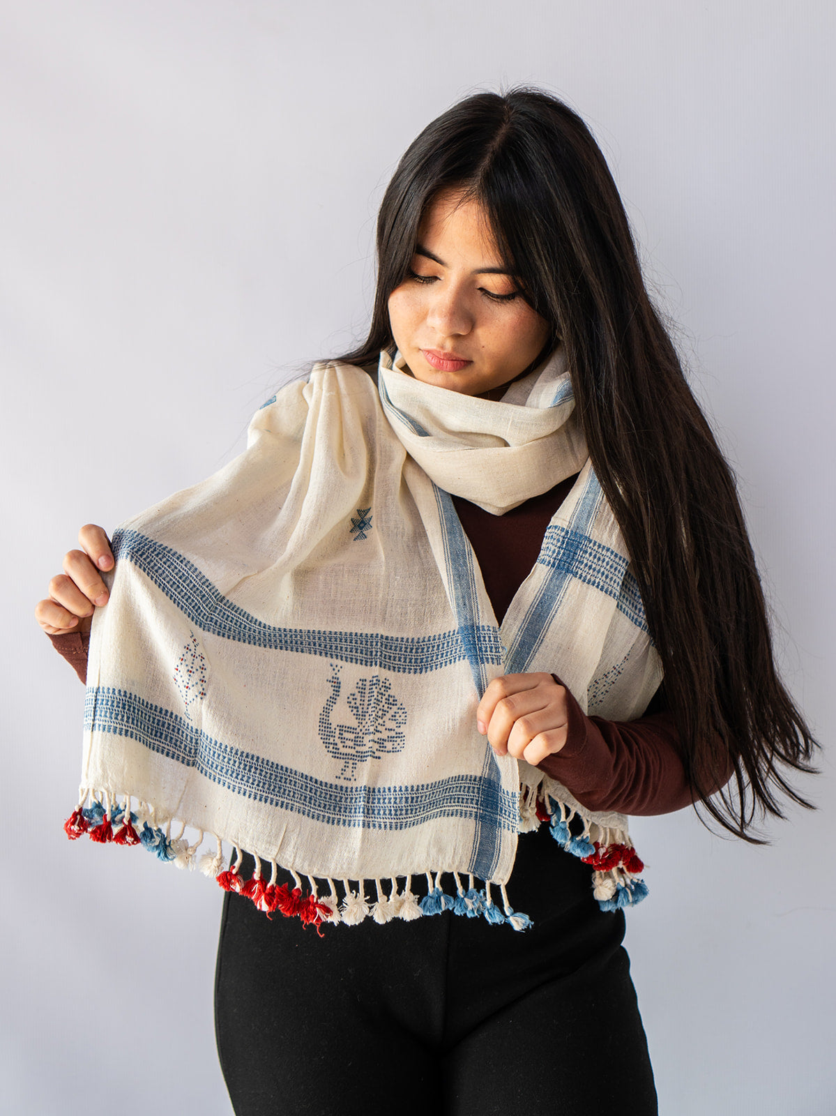 Organic Cotton Antique White & Bluish Grey Handwoven Scarf - Cotton Scarves Australia