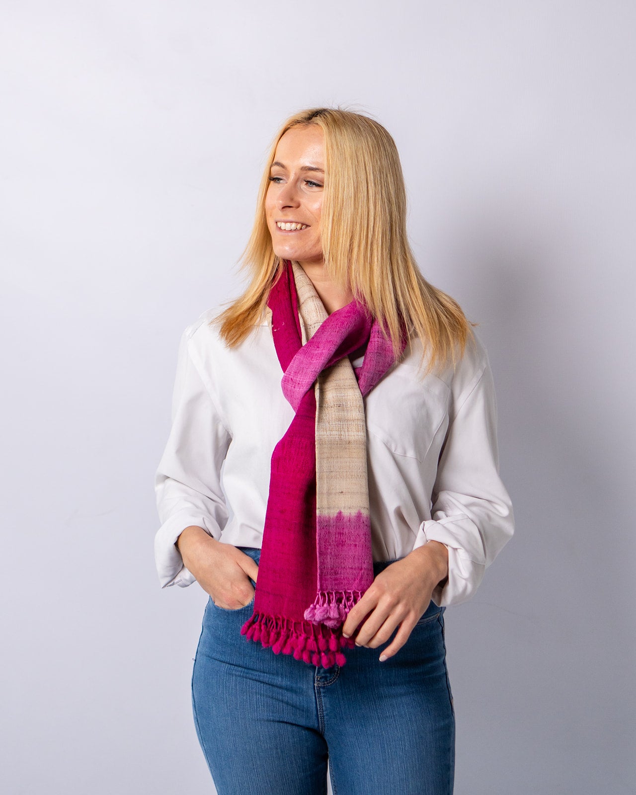 Soft Peach and Maroon Handwoven Scarf in Fine Australian Merino Wool & Tussar Silk - Merino Wool Scarves