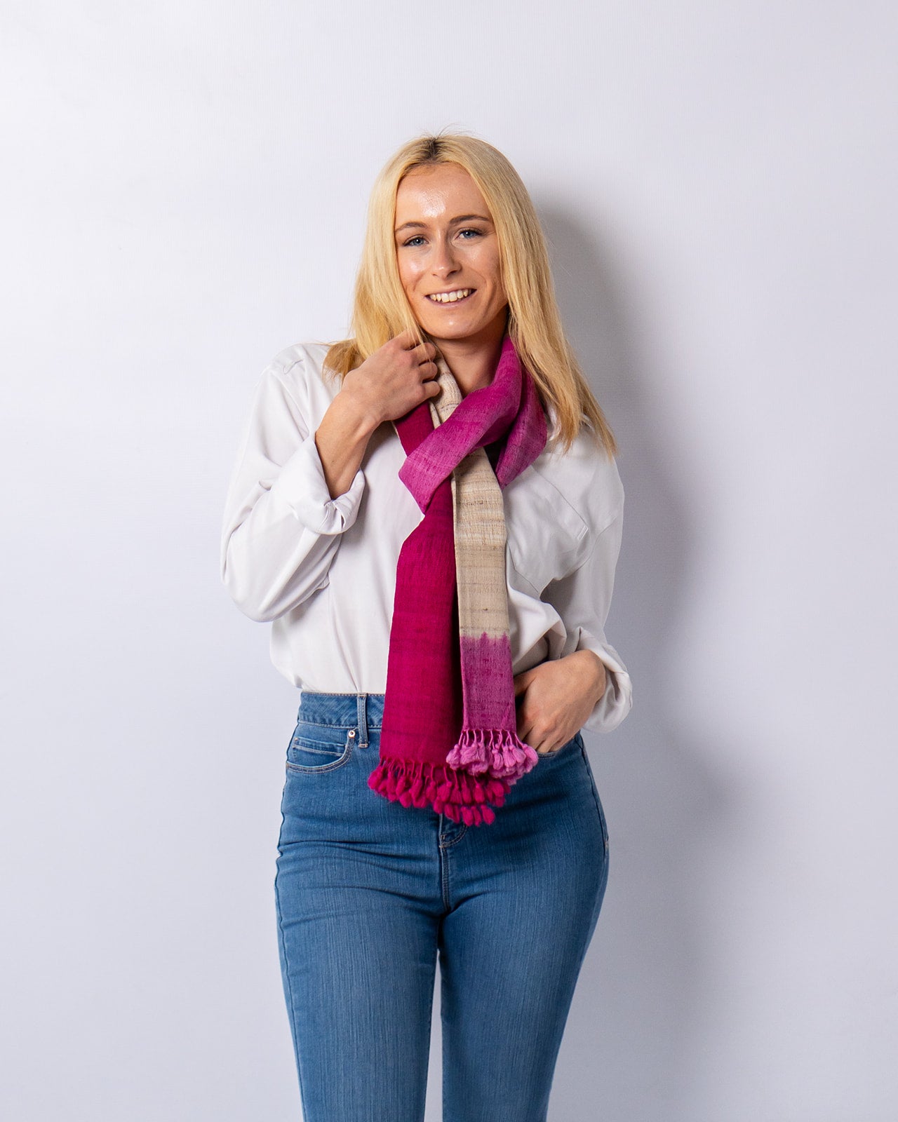 Soft Peach and Maroon Handwoven Scarf in Fine Australian Merino Wool & Tussar Silk - Merino Wool Scarves