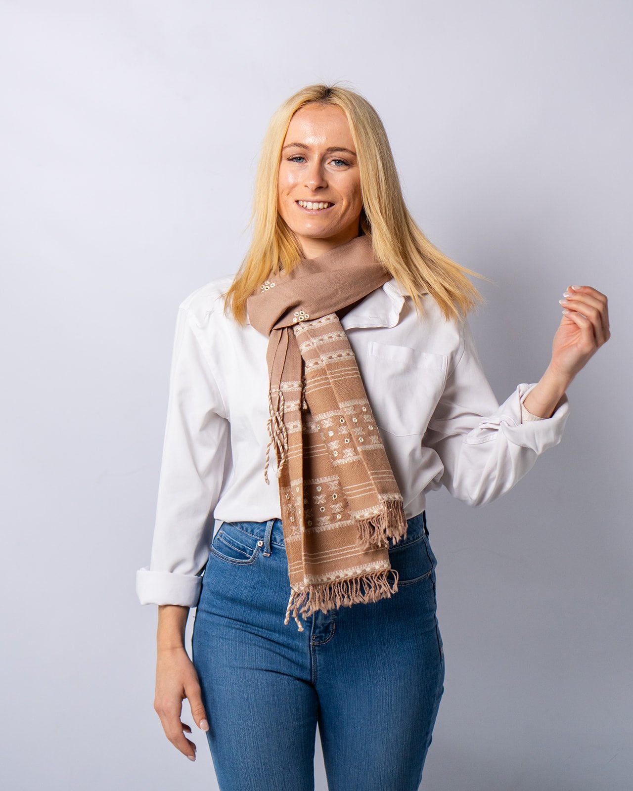 Merino Wool Pale Taupe & Antique White Handwoven Scarf - Merino Wool Scarves Australia