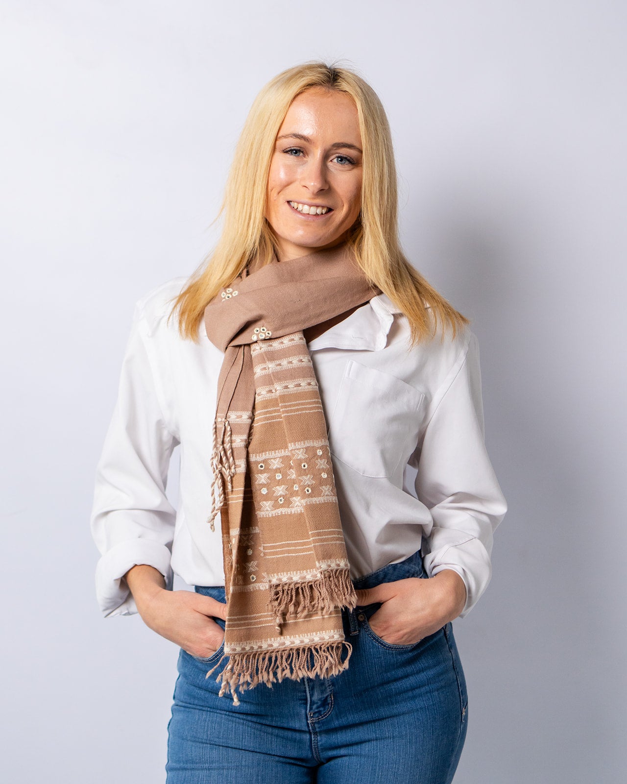 Merino Wool Pale Taupe & Antique White Handwoven Scarf - Merino Wool Scarves Australia