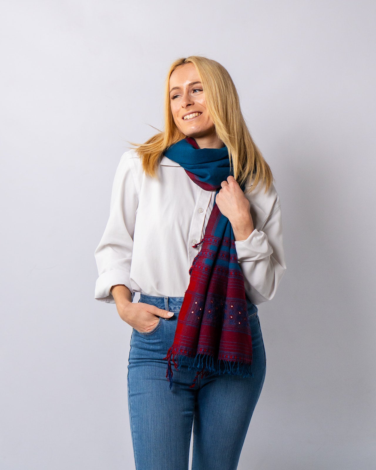 Merino Wool Blue Zodiac & Maroon Oak Handwoven Scarf - Merino Wool Scarves Australia