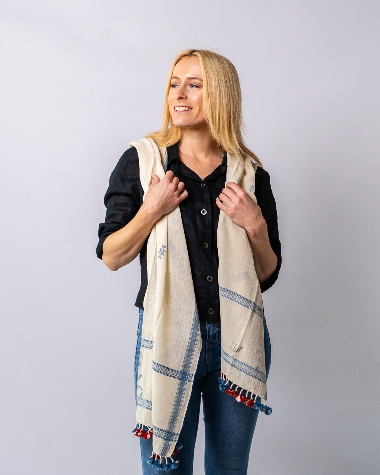 Organic Cotton Vanilla & Regent Grey Handwoven Scarf - Cotton Scarves Australia