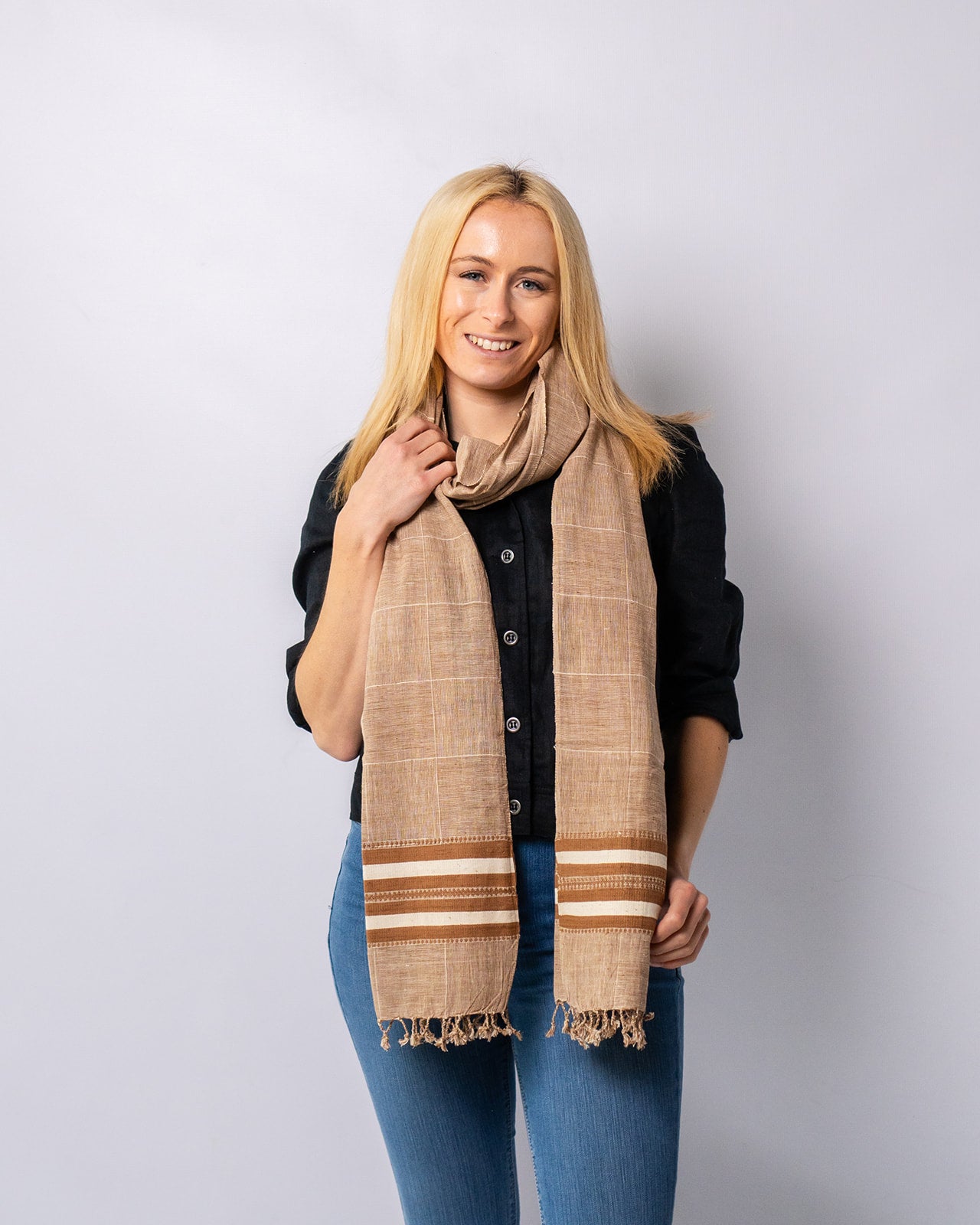 Organic Cotton French Beige & Mocha Handwoven Scarf - Cotton Scarves Australia