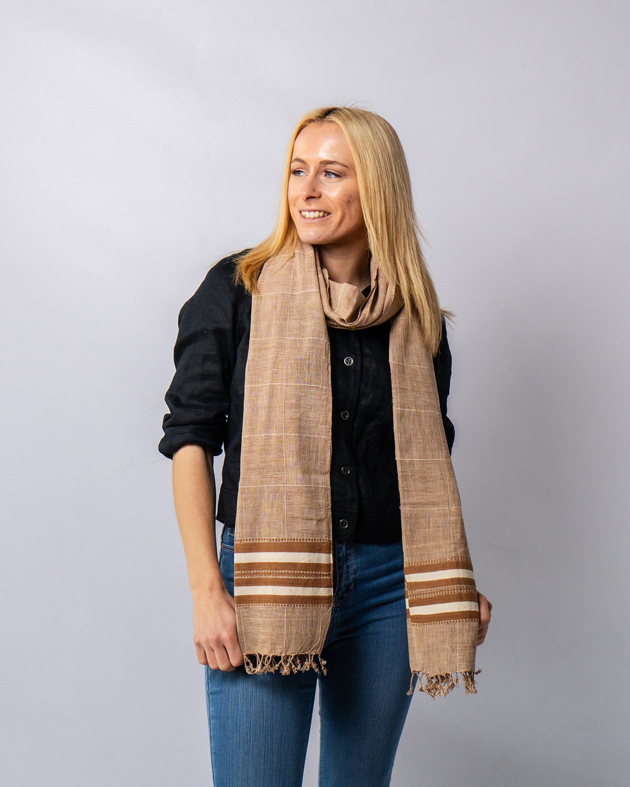 Organic Cotton French Beige & Mocha Handwoven Scarf - Cotton Scarves Australia